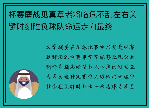 杯赛鏖战见真章老将临危不乱左右关键时刻胜负球队命运走向最终